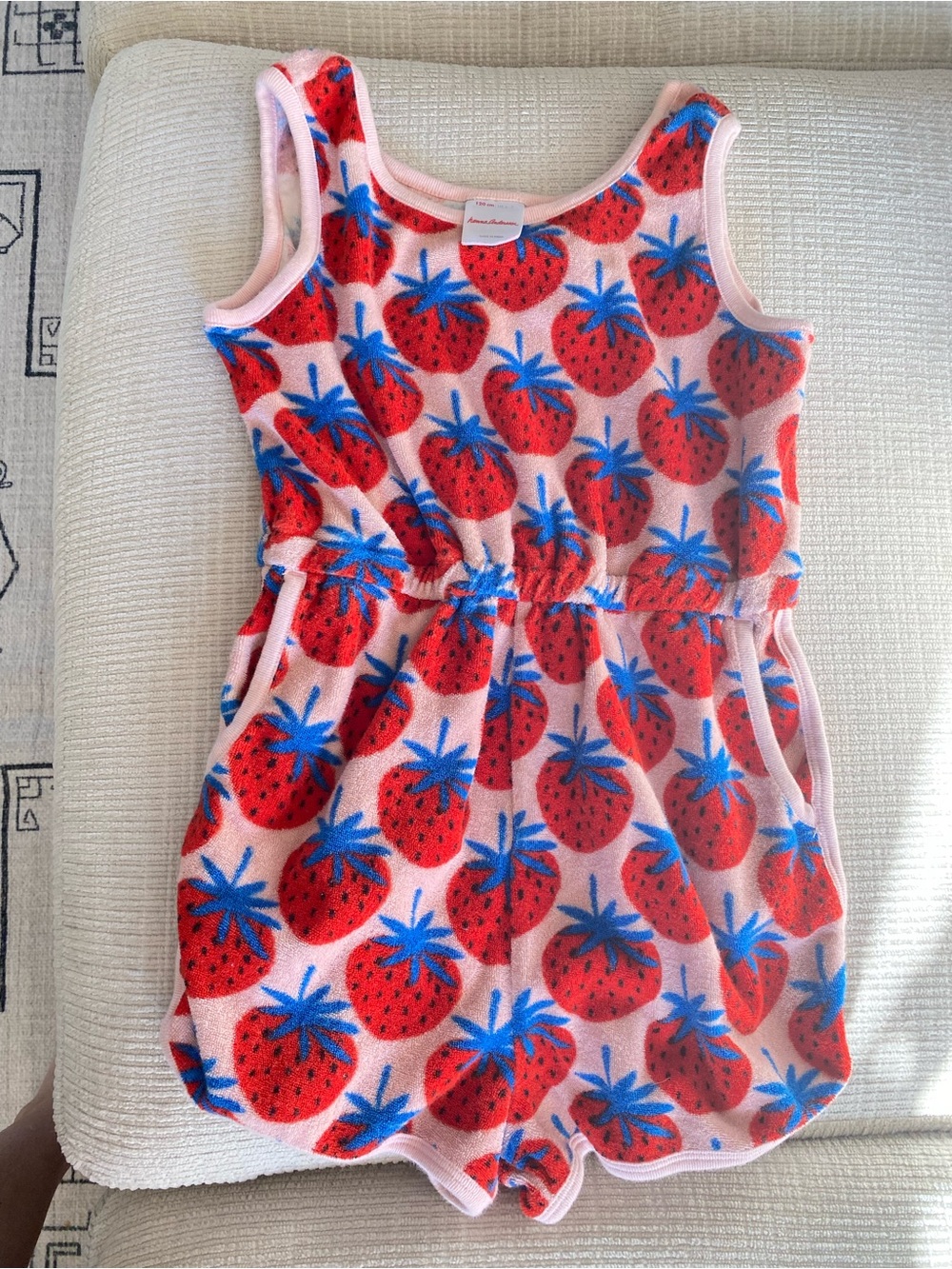 Hanna Andersson Pink Romper with Red Strawberry and Blue Leaf Print